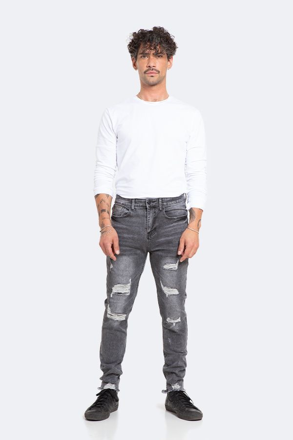 Jeans Hombre Skinny Gris Focalizado con Destroyer-1