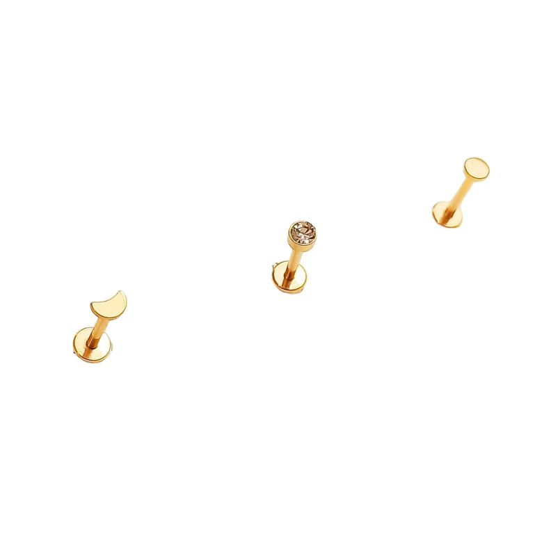 Conjunto push pin Piercing Chapado En Oro 18k Labret Set Luna -0