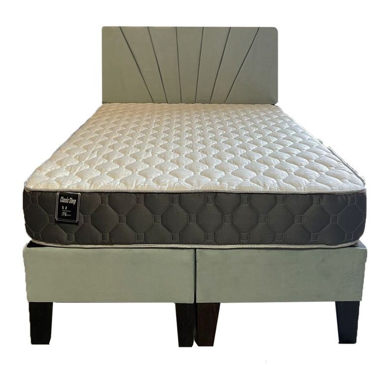 Cama Americana Full + Colchon de resortes + Respaldo Verde Menta felpa Pmadera-1