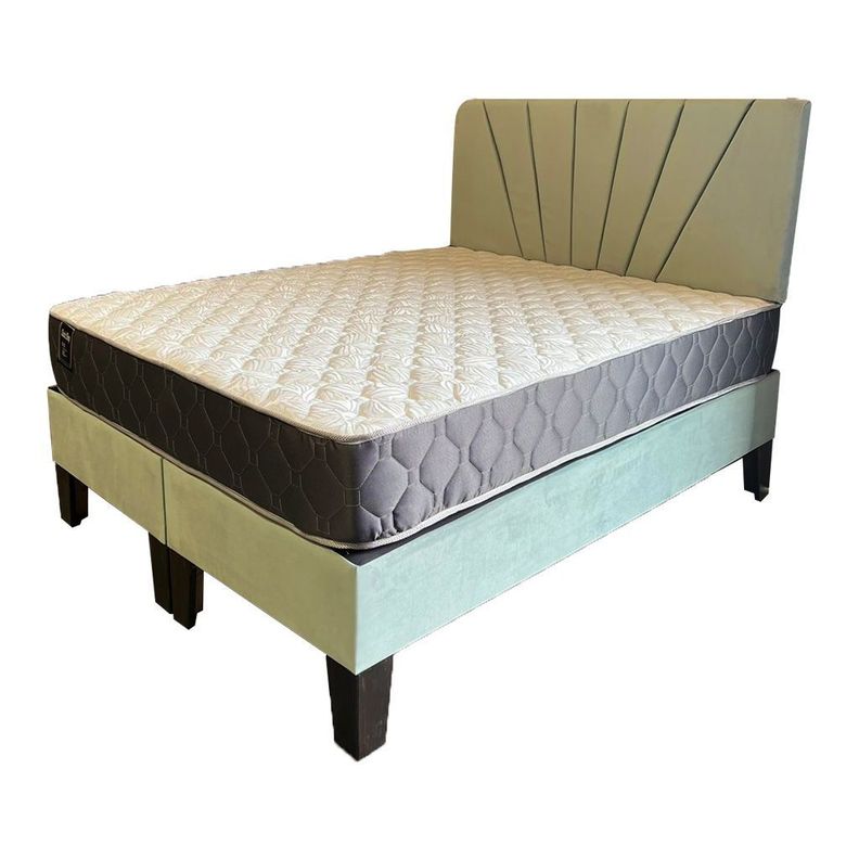 Cama Americana Full + Colchon de resortes + Respaldo Verde Menta felpa Pmadera-2