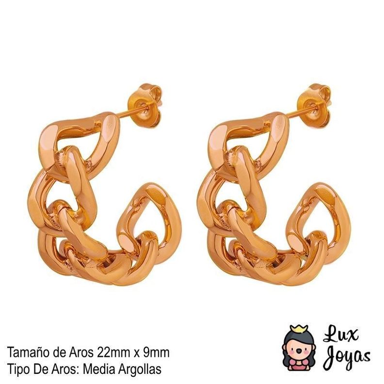 Aros Baño Oro Rosado 18k Media Argolla Cadena-3