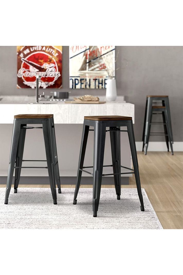 Pack 4 Pisos Metal Tolix con Asiento Madera Negro-1