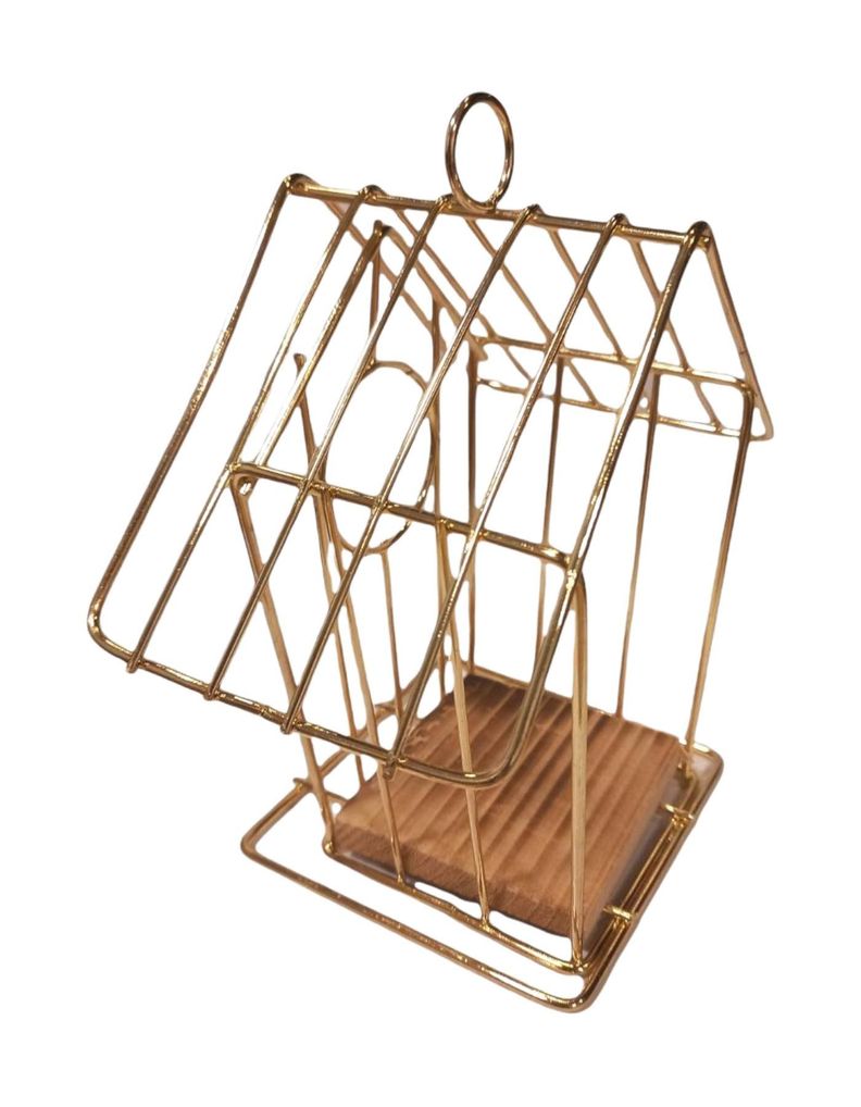 ADORNO DORADO CASA PAJARO METALICO BASE MADERA-1