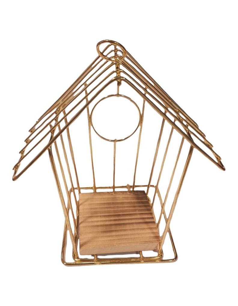 ADORNO DORADO CASA PAJARO METALICO BASE MADERA-0