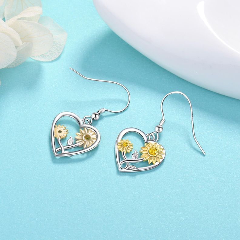 Aros Girasol Corazon Plata 925-2