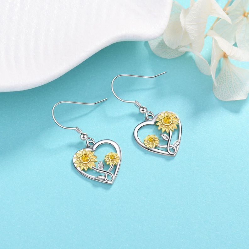 Aros Girasol Corazon Plata 925-1
