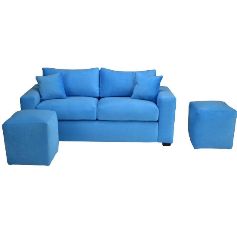 Sofá BILDUN Romme 3 Cuerpos Felpa Azul Ligero + 2 Pouf-4