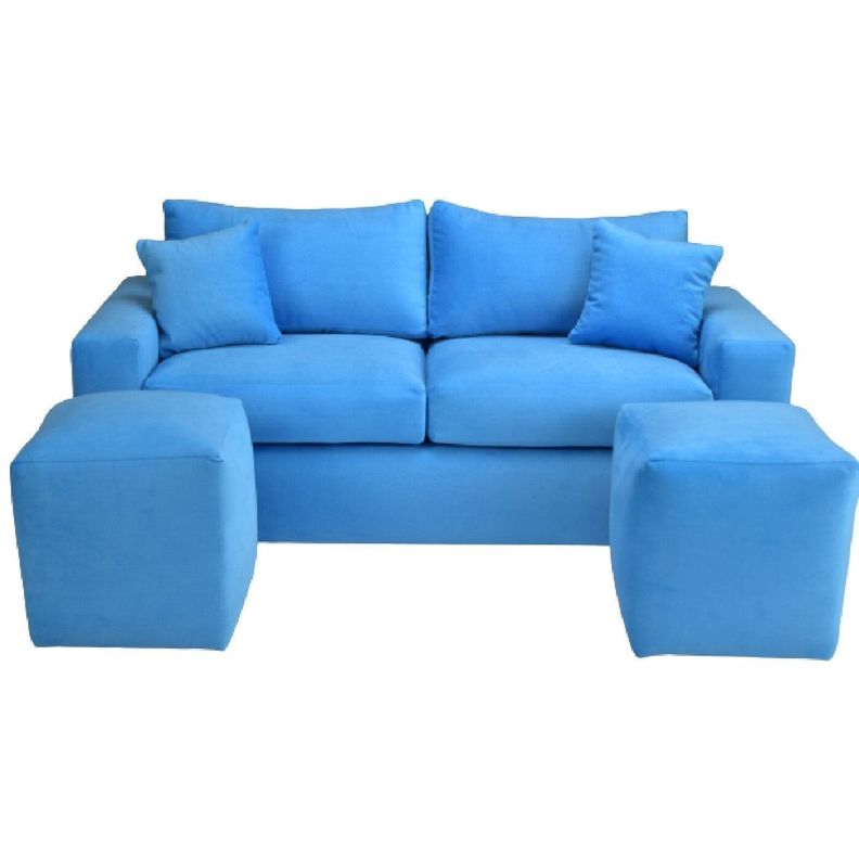 Sofá BILDUN Romme 3 Cuerpos Felpa Azul Ligero + 2 Pouf-0