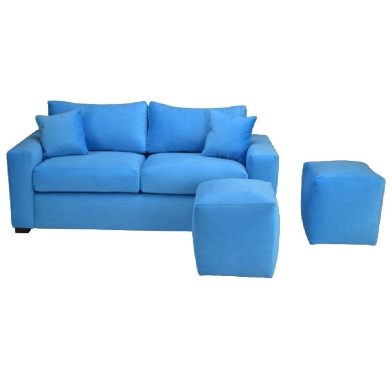 Sofá BILDUN Romme 3 Cuerpos Felpa Azul Ligero + 2 Pouf-5