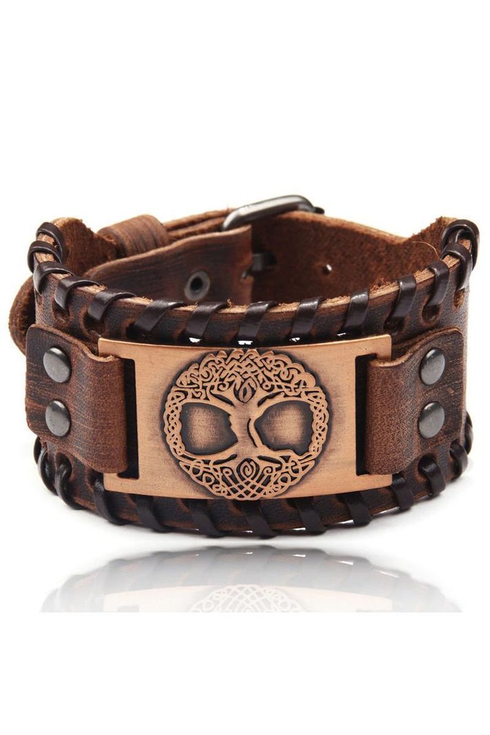 Pulsera cuero ajustable. Modelo Árbol de la Vida Café-0