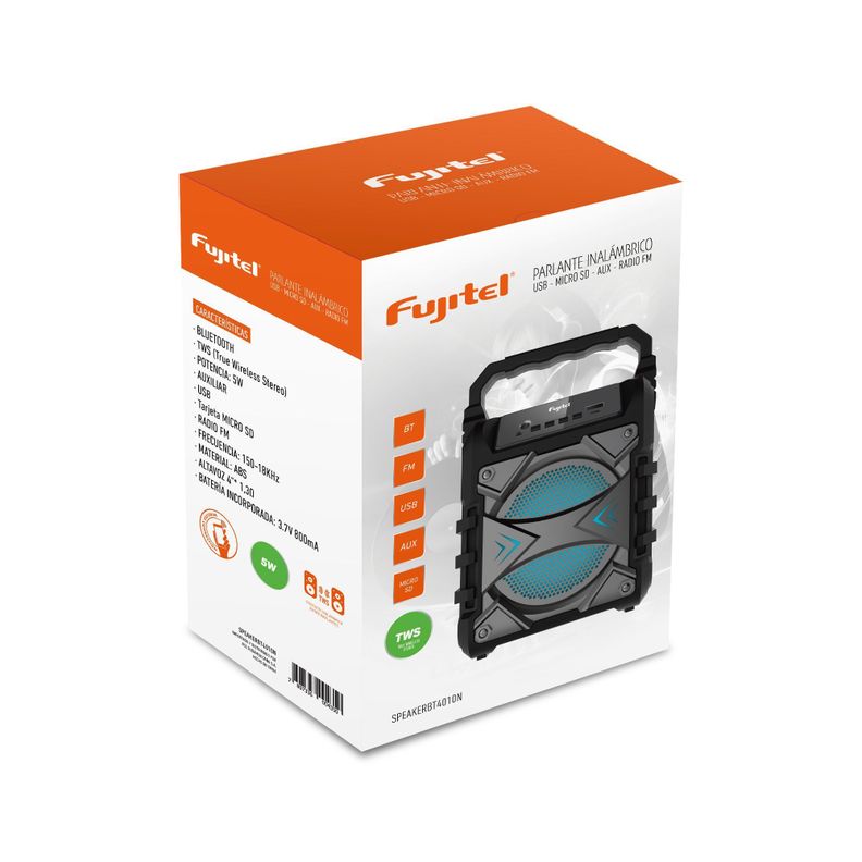 PARLANTE BT 5W 4"/FM/TF/USB/ MIC/TWS/ LUCES NEGRO FUJITEL-1