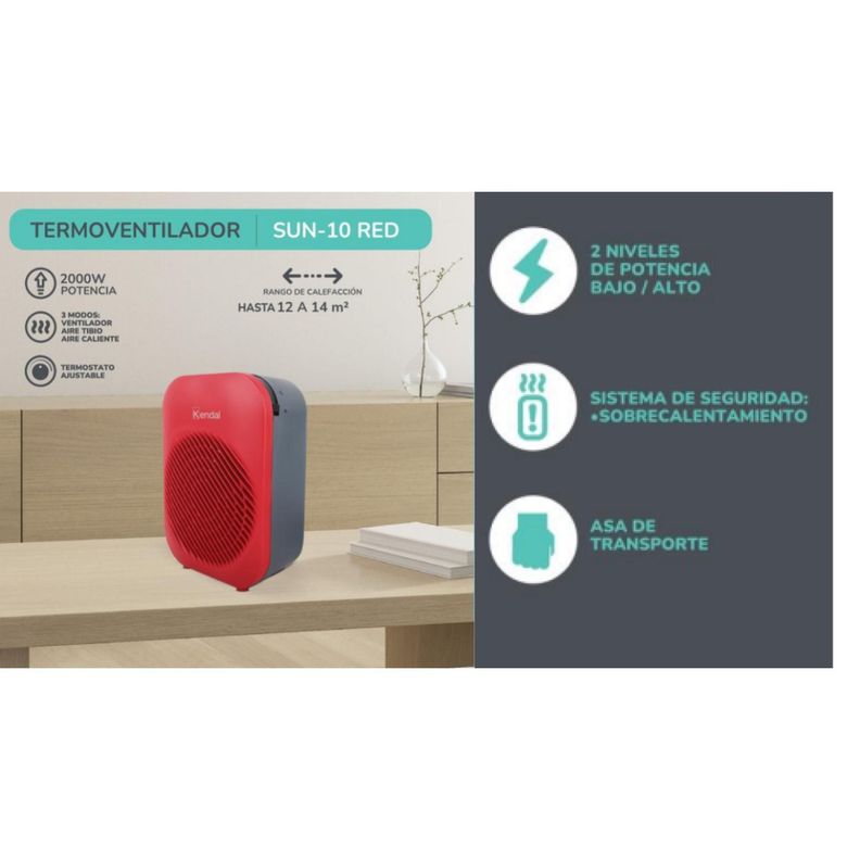 Termoventilador Calefactor Electrico 2000W 3 Mod SUN-10 Red Kendal-5