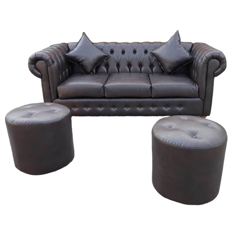Chesterfield Capitoné + 2 Poufs Redondos-0