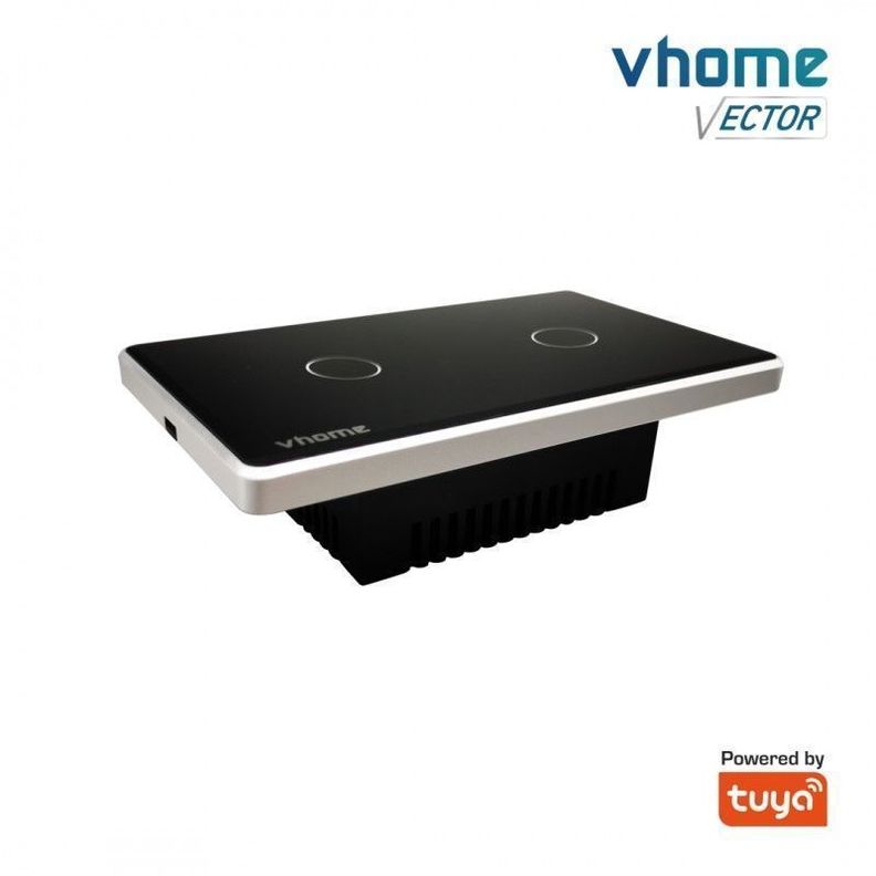 Interruptor Wifi RF Vhome Vector Design SN Sin Neutro Black Touch 2 Canales Compatible Con Google Home y Alexa-2