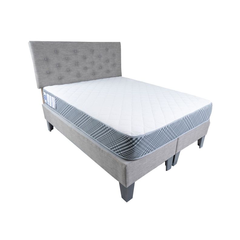 Cama Americana 2P + Colchon de resortes + Respaldo Gris Lino Pmadera