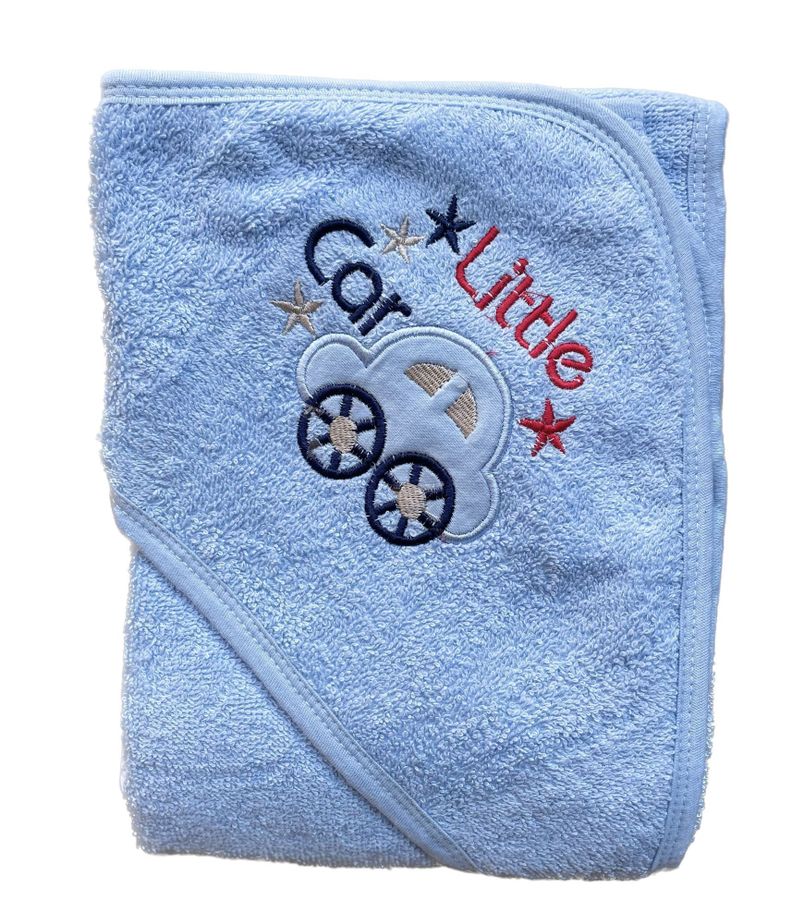 Toalla bebe algodon con Capucha celeste little car 80x80