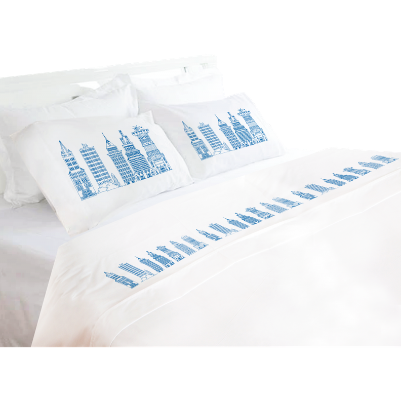 Juego de Sabanas King Edificios Azules Blanco