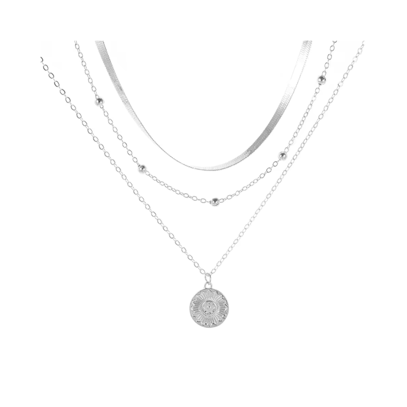 Collar Acero Plateado 3 Capas con Colgante Circular-0