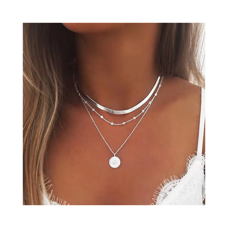Collar Acero Plateado 3 Capas con Colgante Circular-1