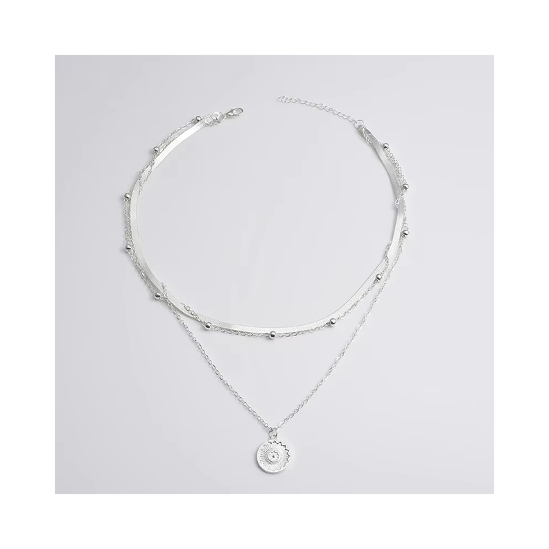 Collar Acero Plateado 3 Capas con Colgante Circular-3
