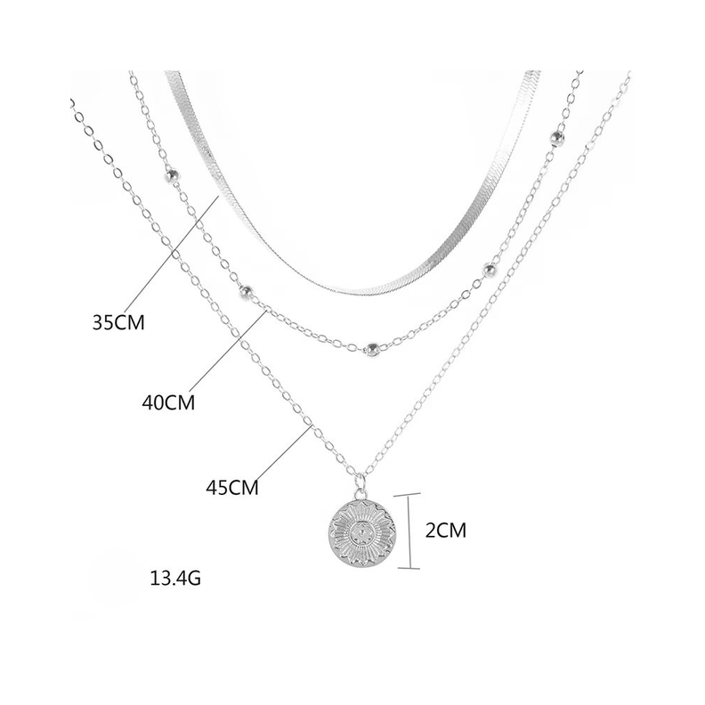 Collar Acero Plateado 3 Capas con Colgante Circular-4