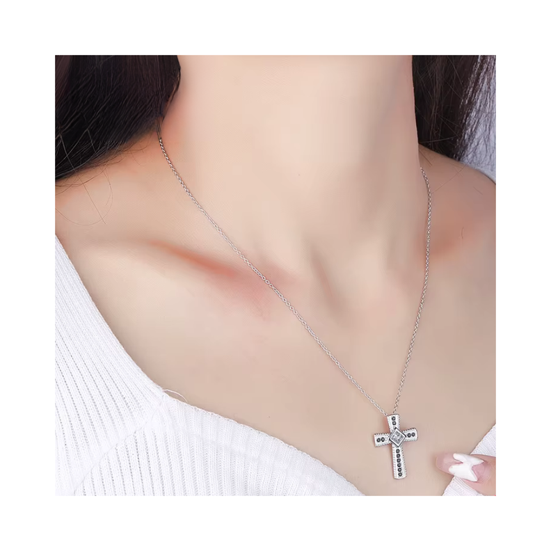 Collar de Acero Con Colgante de Cruz y Circones-2