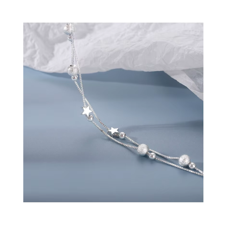 Pulsera Plateada Estrella Doble Cadena-3