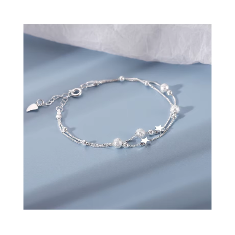 Pulsera Plateada Estrella Doble Cadena-4