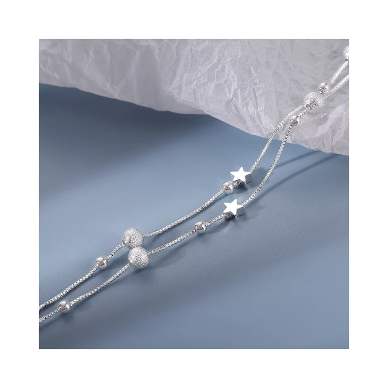Pulsera Plateada Estrella Doble Cadena-5