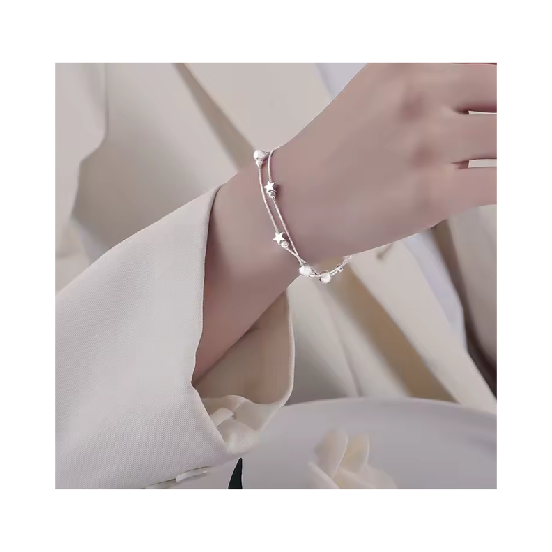 Pulsera Plateada Estrella Doble Cadena-6