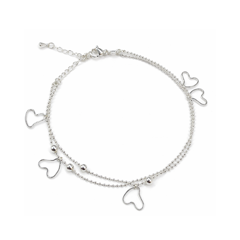 Tobillera Doble Cadena Ovalos Corazones Colgantes Plata
