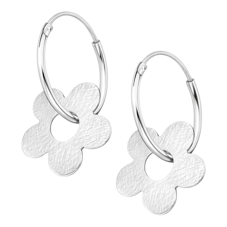 Argollas Con Dije de Flor Satinada Plateado