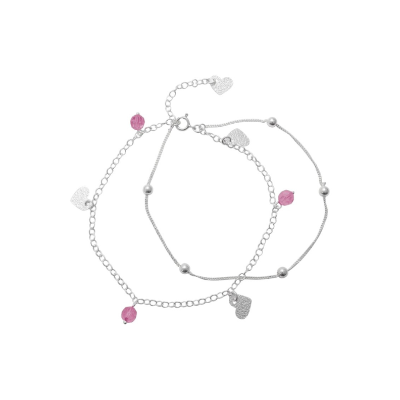 Tobillera de Plata Doble Cadena con Corazones y Circones-0