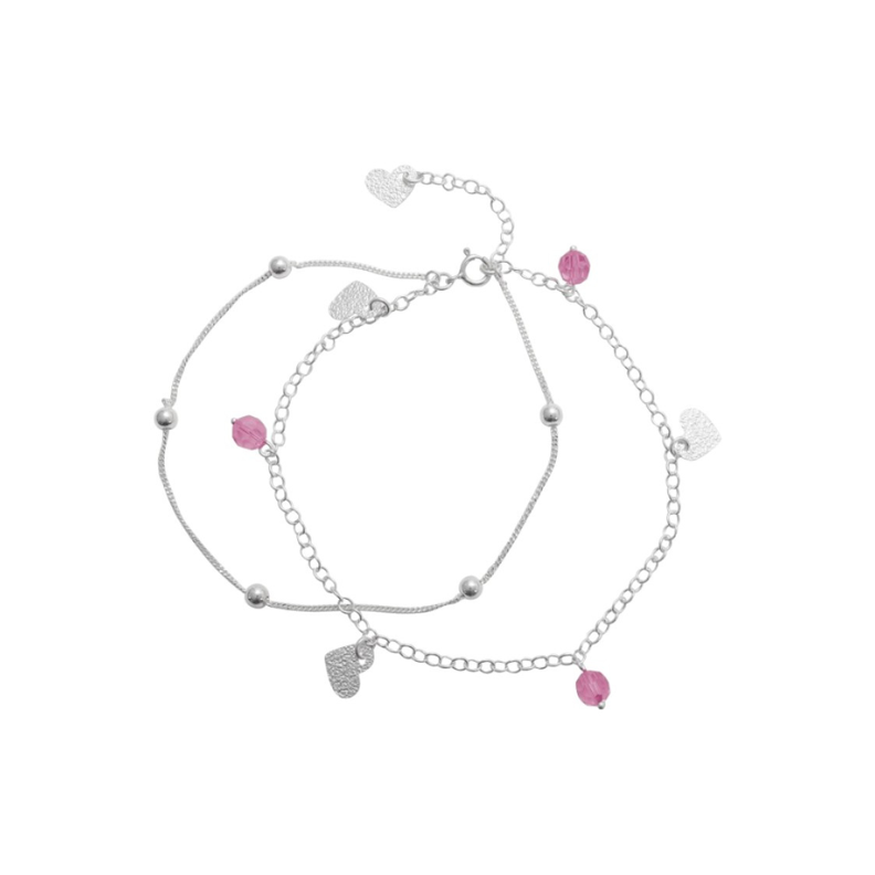 Tobillera de Plata Doble Cadena con Corazones y Circones-1