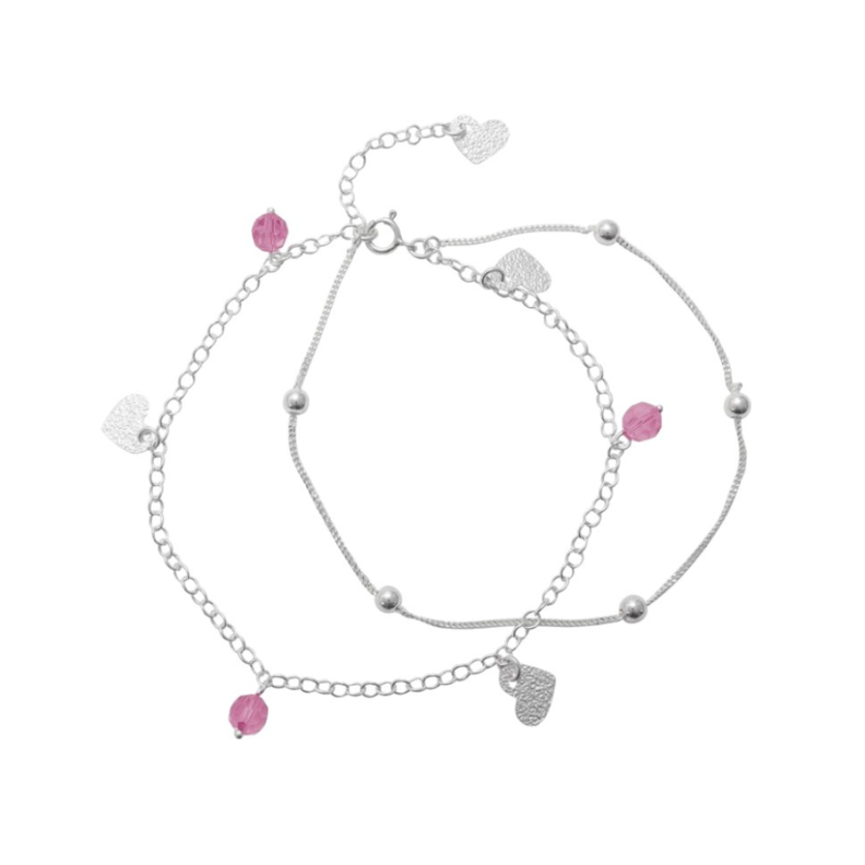 Tobillera de Plata Doble Cadena con Corazones y Circones-2