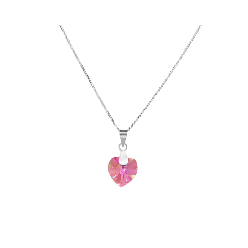 Collar De Plata Corazón Cristal Rosa-0