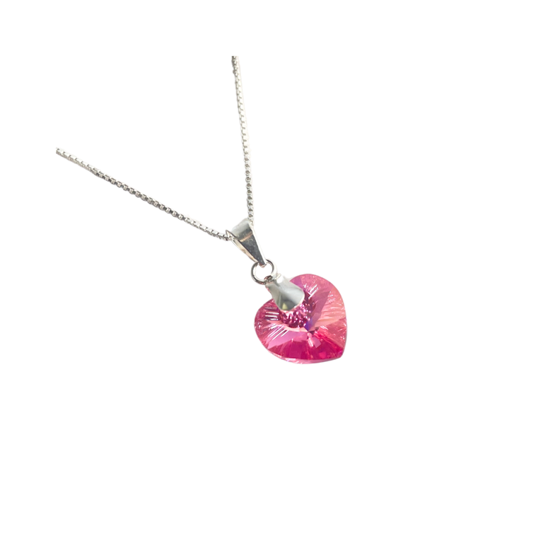 Collar De Plata Corazón Cristal Rosa-2