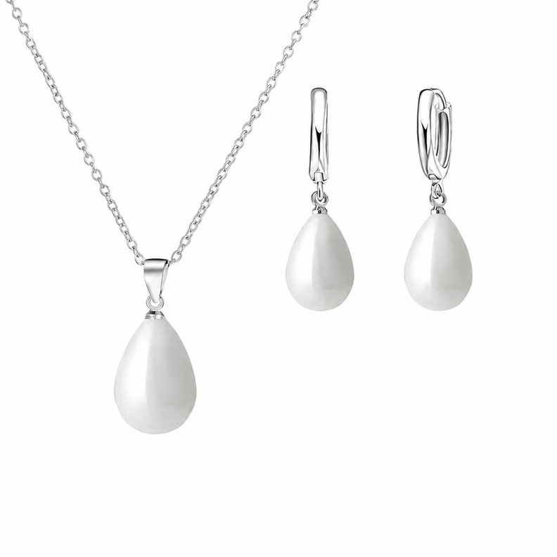 Conjunto Collar y Aros con Perla Gota de Agua Plateado