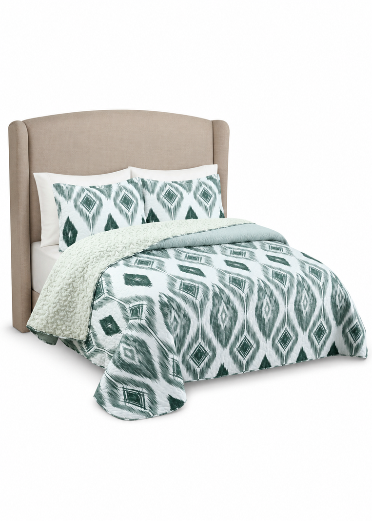 Cubrecama Quilt Sherpa 1.5 Verdes Tonos Verdes Y Blancos Figuras Geométricas
