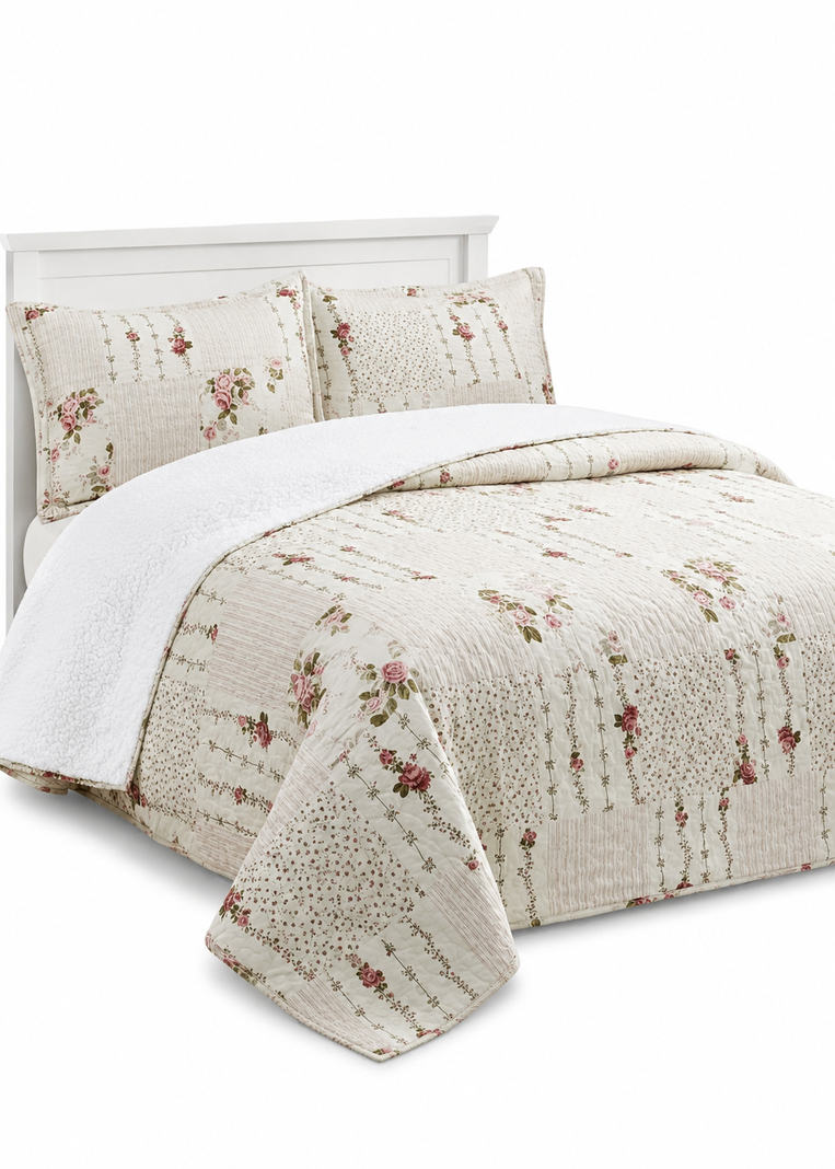 Cubrecama Quilt Sherpa 1.5 - Varios Modelos W.m G Marfil Floral Clásico