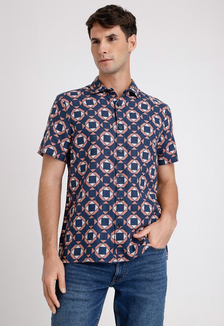 Camisa Hombre Manga Corta Lino Estampada Navy-0