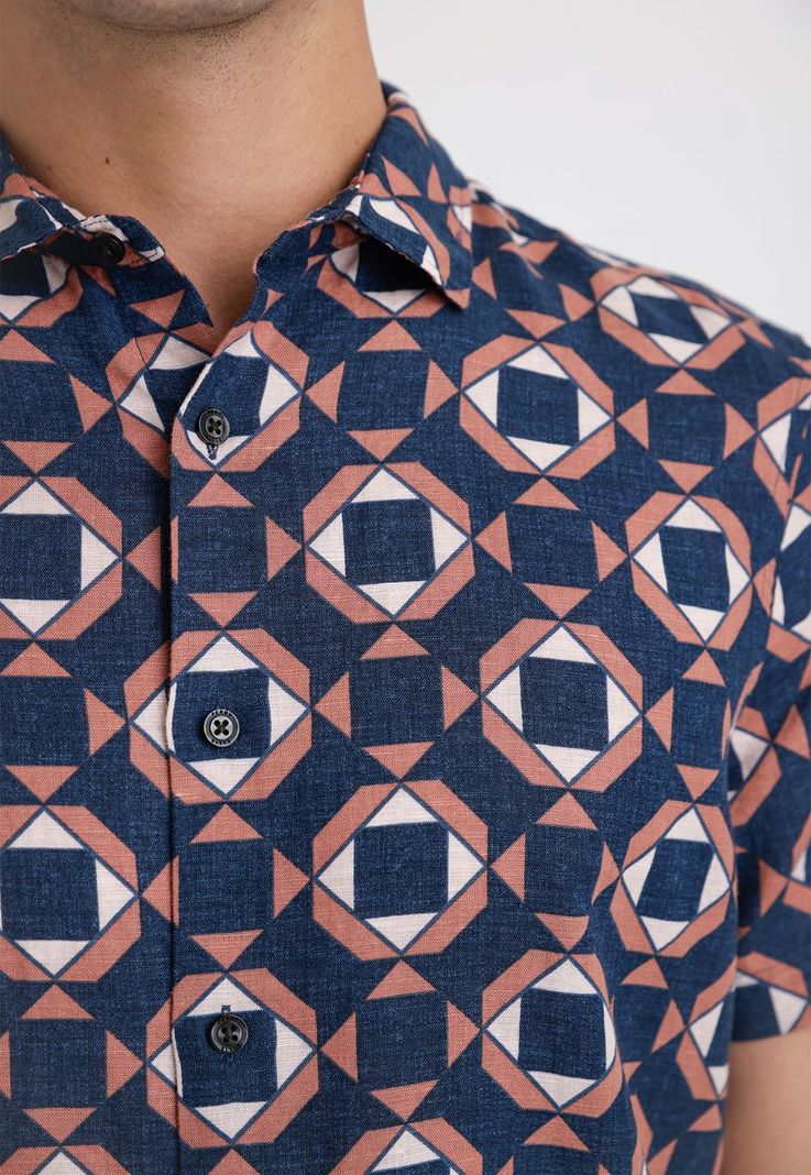 Camisa Hombre Manga Corta Lino Estampada Navy-2