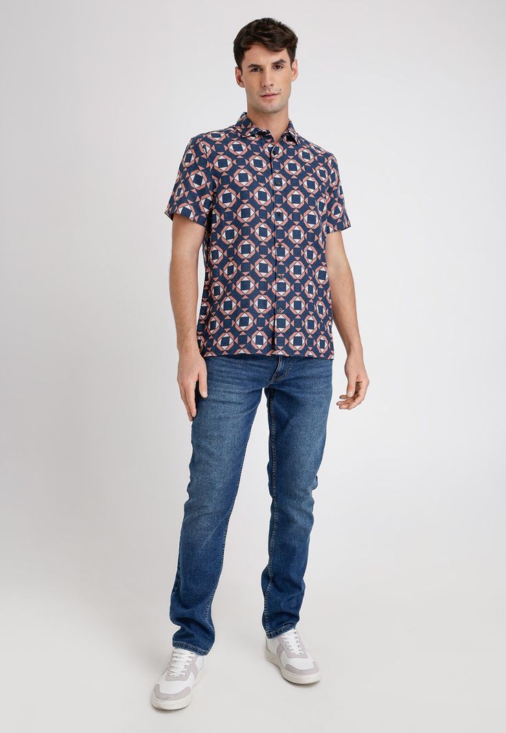 Camisa Hombre Manga Corta Lino Estampada Navy-3
