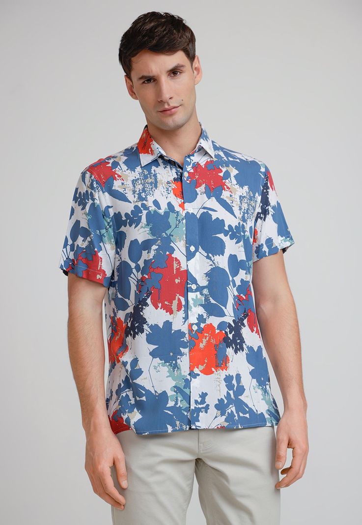 Camisa Hombre Manga Corta Estampada Azul