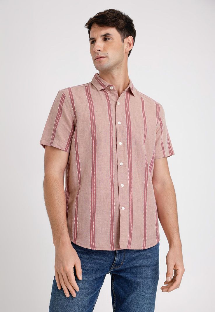 Camisa Hombre Manga Corta Lino Listada Rouge-0