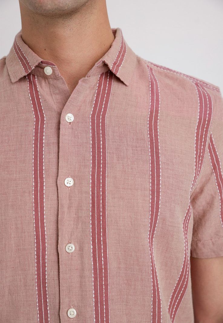 Camisa Hombre Manga Corta Lino Listada Rouge-2