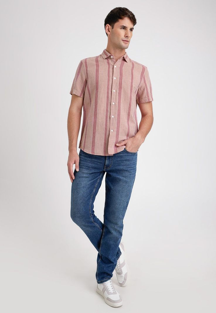 Camisa Hombre Manga Corta Lino Listada Rouge-3