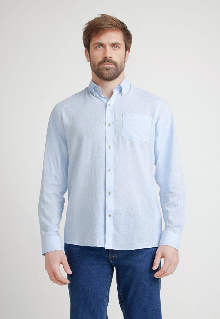Camisa Hombre Mezcla Lino Algodón Diseño Slim Bron Celeste-0