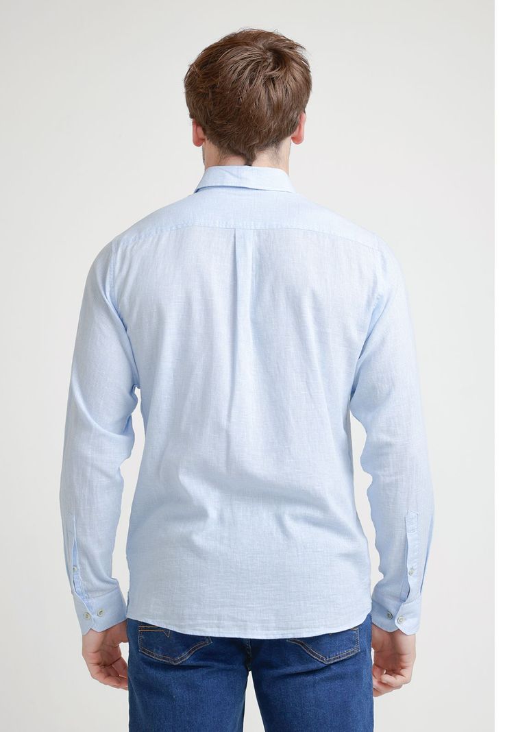 Camisa Hombre Mezcla Lino Algodón Diseño Slim Bron Celeste-1