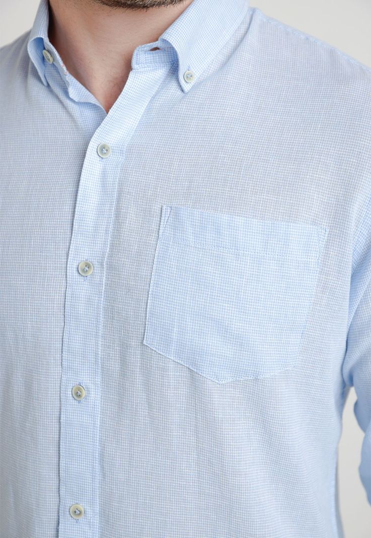 Camisa Hombre Mezcla Lino Algodón Diseño Slim Bron Celeste-2